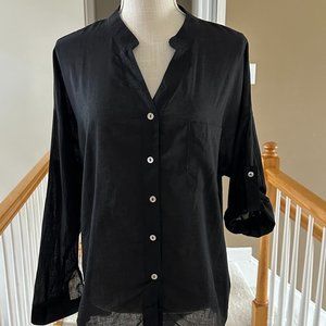 Celmia‎ Button Down V-neck Black Shirt Lightweight Roll Up Sleeves